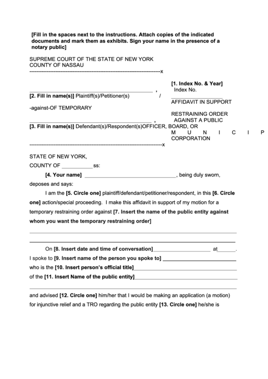 Fillable Affidavit In Support Of Temporary Restraining Order Against A Public Officer, Board, Or Municipal Corporation - New York Supreme Court Printable pdf