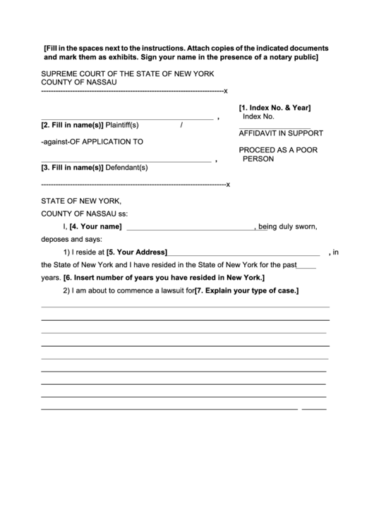 Fillable Affidavit In Support Of Application To Proceed As A Poor Person - New York Supreme Court Printable pdf