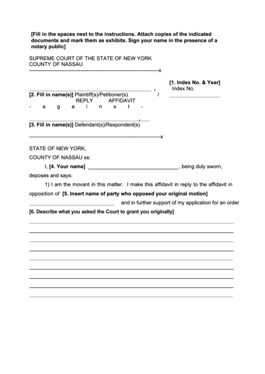 Fillable Reply Affidavit - New York Supreme Court Printable pdf