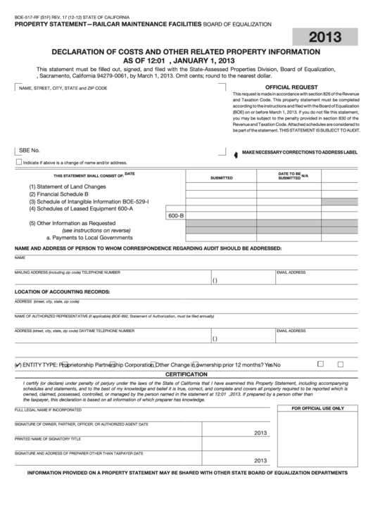 Fillable Form Boe-517-Rf - Property Statement- Railcar Maintenance Facilities - 2013 Printable pdf