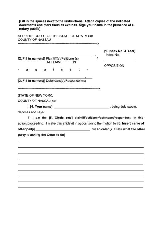 Fillable Affidavit In Opposition - New York Supreme Court Printable pdf