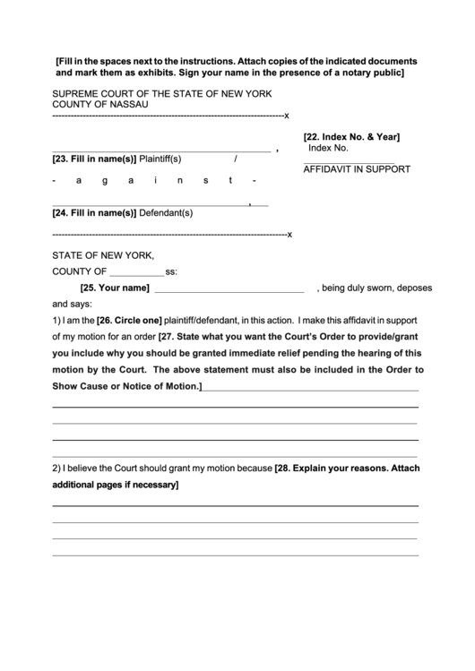 Fillable Affidavit In Support - New York Supreme Court Printable pdf