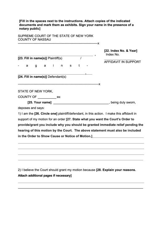 Affidavit In Support - New York Supreme Court Printable pdf