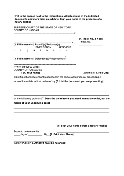 Emergency Affidavit - New York Supreme Court Printable pdf