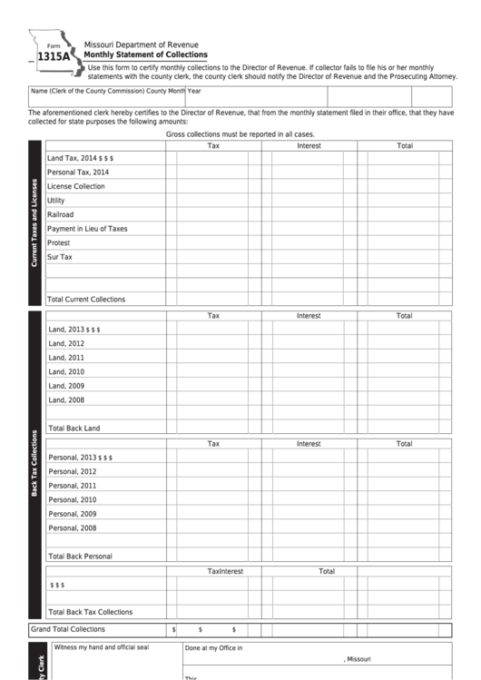 Fillable Form 1315f - Monthly Statement Of Collections Printable pdf