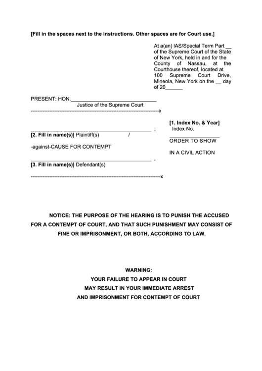 Fillable Order To Show Cause For Contempt In A Civil Action - New York Supreme Court Printable pdf