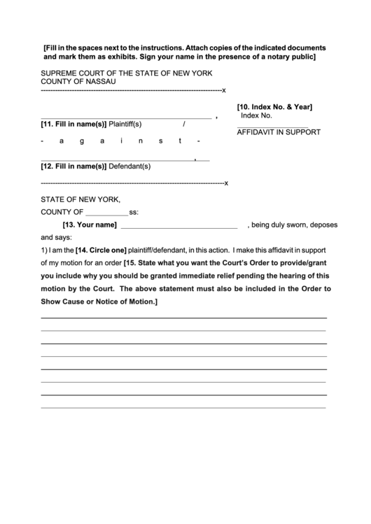Fillable Affidavit In Support - New York Supreme Court Printable pdf