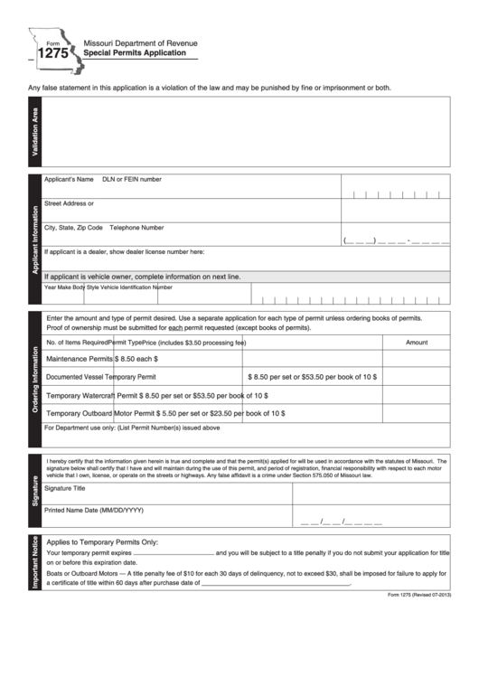 Fillable Form 1275 Special Permits Application Printable Pdf Download 7122