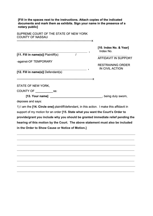 Affidavit In Support Of Temporary Restraining Order In Civil Action - New York Supreme Court Printable pdf