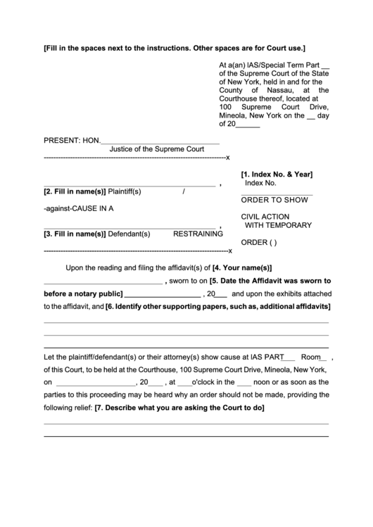 Fillable Order To Show Cause In A Civil Action With Temporaryrestraining Order (T.r.o.) - New York Supreme Court Printable pdf