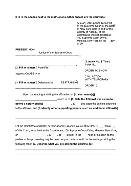 Order To Show Cause In A Civil Action With Temporaryrestraining Order (T.r.o.) - New York Supreme Court Printable pdf