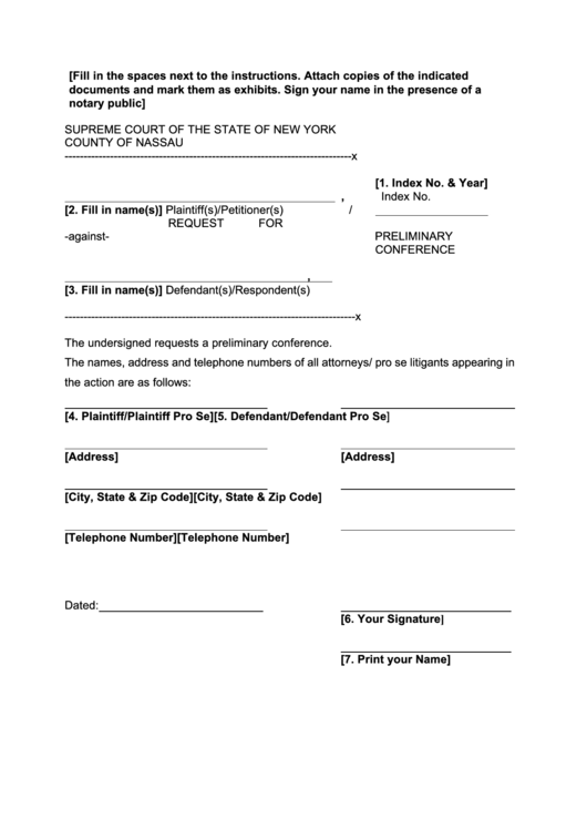 Fillable Request For Preliminary Conference - New York Supreme Court Printable pdf