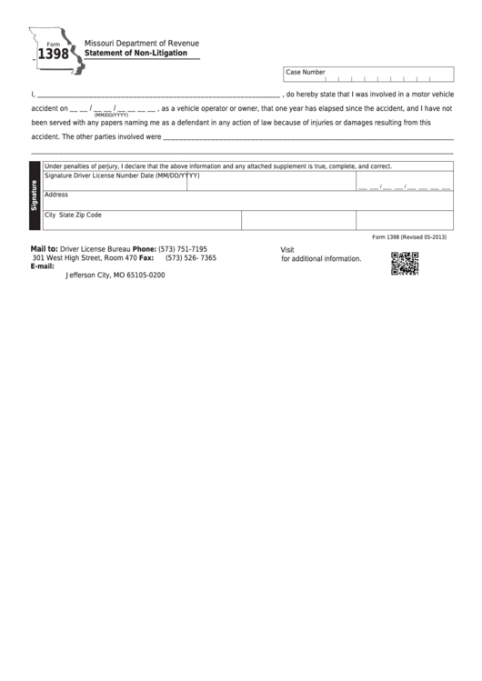 Fillable Form 1398 - Statement Of Non-Litigation Printable pdf