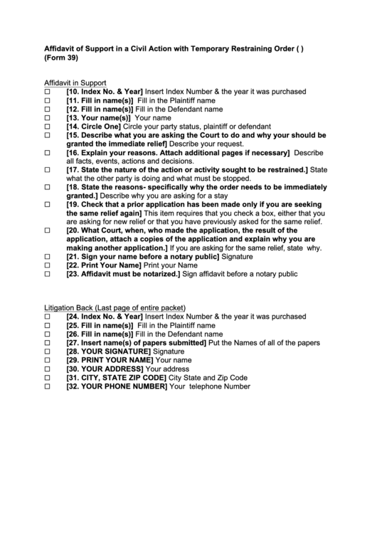 Form 39 - Affidavit Of Support In A Civil Action With Temporary Restraining Order (T.r.o) Printable pdf