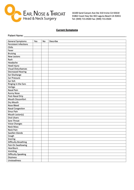 Current Symptoms Checklist Template Printable pdf