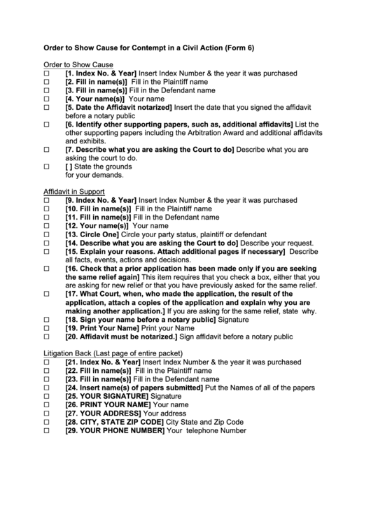 Form 6 - Order To Show Cause For Contempt In A Civil Action Printable pdf