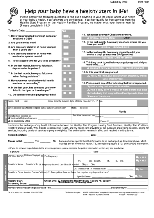 Fillable Form Dh 3134 - Florida Healthy Start Prenatal Screen Printable pdf