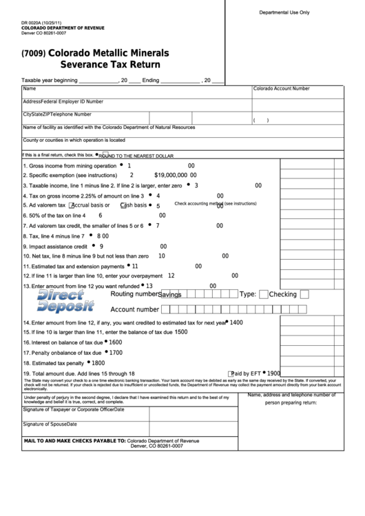 Fillable Form Dr 0020a - Colorado Metallic Minerals Severance Tax Return Printable pdf