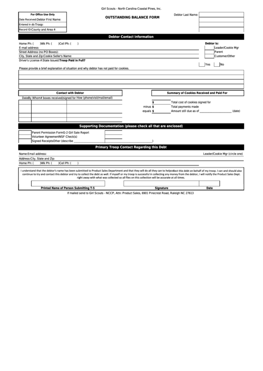 Outstanding Balance Form - Girl Scouts Of North Carolina Printable pdf