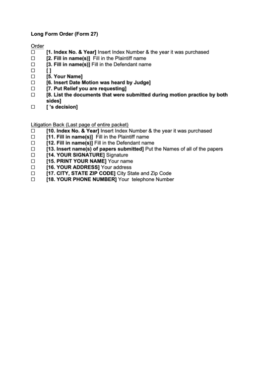 Form 27 - Long Form Order Printable pdf