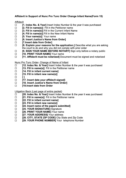 Form 15 - Affidavit In Support Of Nunc Pro Tunc Order Change Infant Name Printable pdf