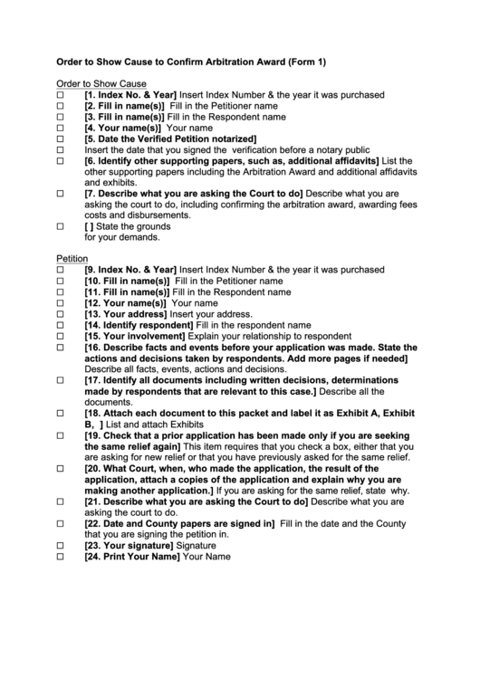 Form 1 - Order To Show Cause To Confirm Arbitration Award Printable pdf