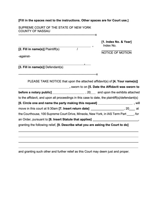 Fillable Notice Of Motion - New York Supreme Court Printable pdf