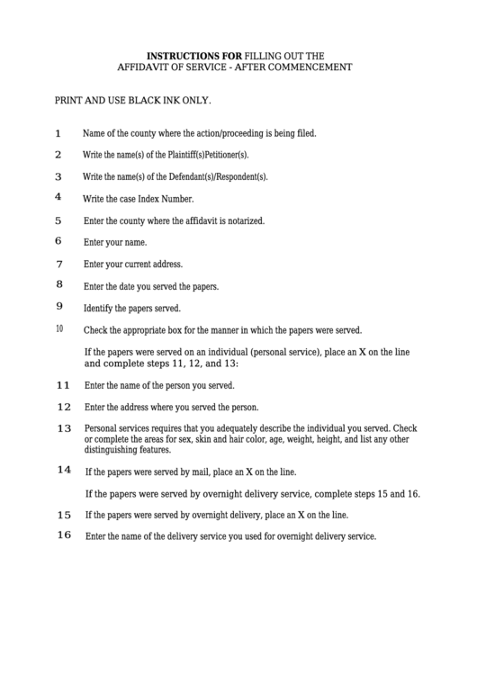 Instructions For Filling Out The Affidavit Of Service - After Commencement Printable pdf