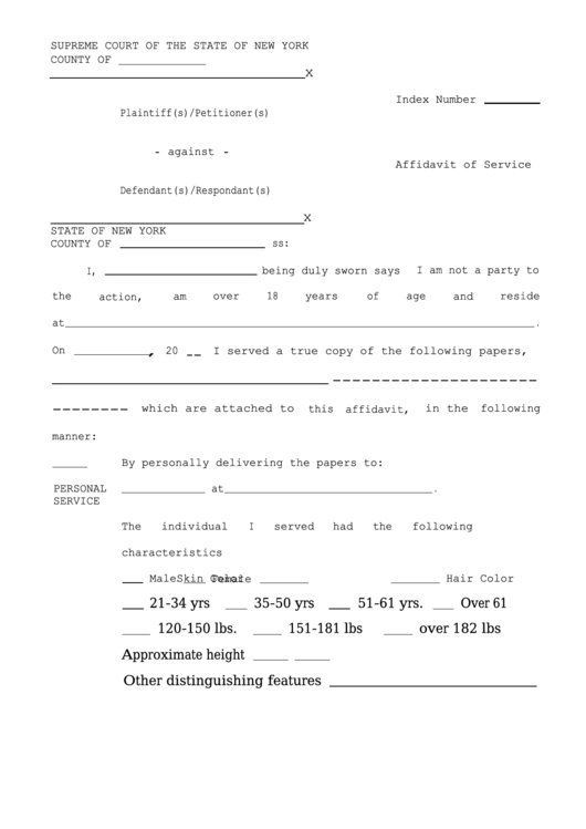 Affidavit Of Service - New York Supreme Court Printable pdf