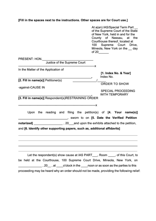 Fillable Order To Show Cause In Special Proceeding With Temporary Restraining Order - New York Supreme Court Printable pdf