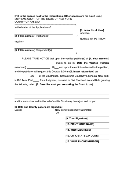 Fillable Notice Of Petition - New York Supreme Court Printable pdf