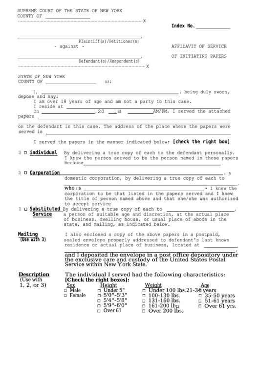 Affidavit Of Service I Of Initiating Papers - New York Supreme Court Printable pdf