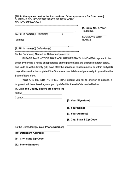 Fillable Summons With Notice - New York Supreme Court Printable pdf