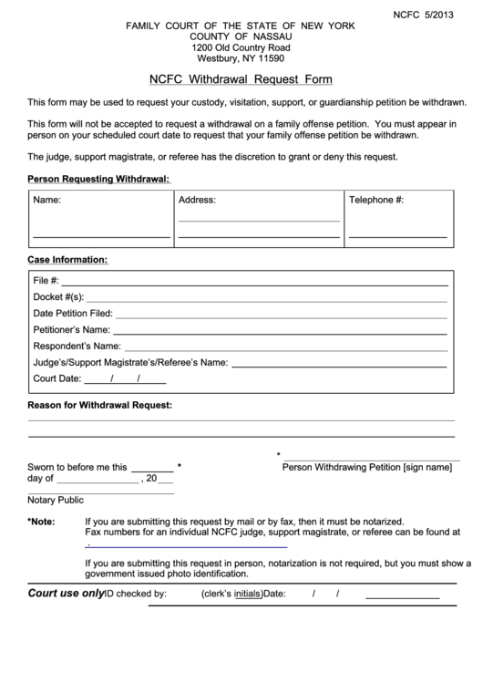 Fillable Ncfc Withdrawal Request Form - Nys Family Court Printable pdf
