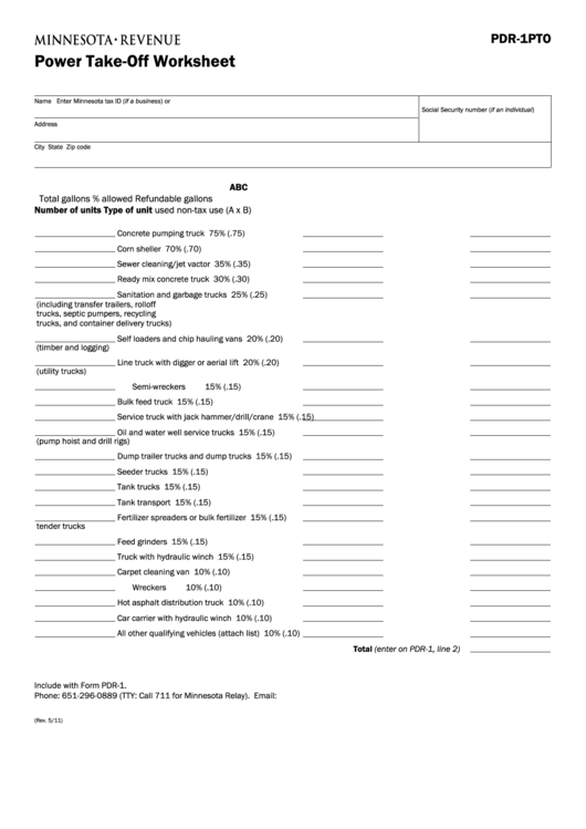 Fillable Form Pdr-1pto - Power Take-Off Worksheet Printable pdf