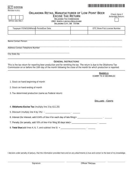 Fillable Form Alc 50008 - Oklahoma Retail Manufacturer Of Low Point Beer Excise Tax Return Printable pdf