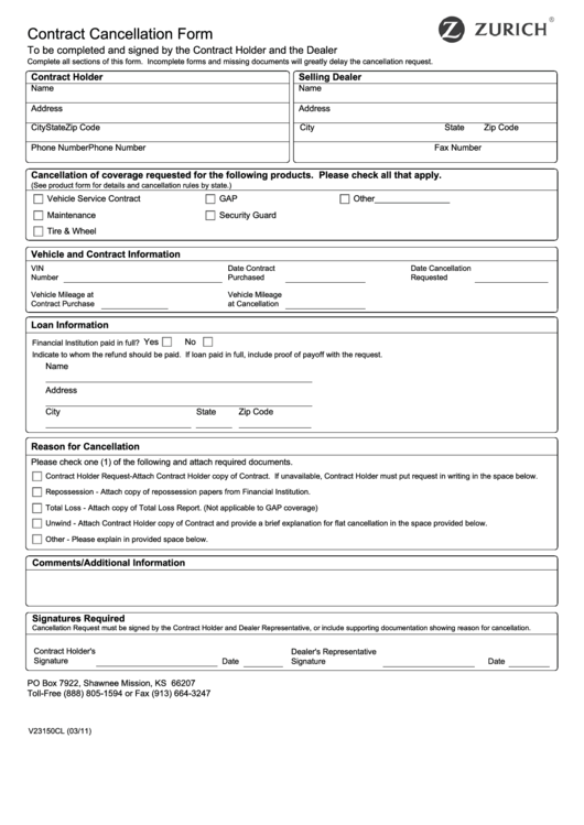 Contract Cancellation Form Printable pdf