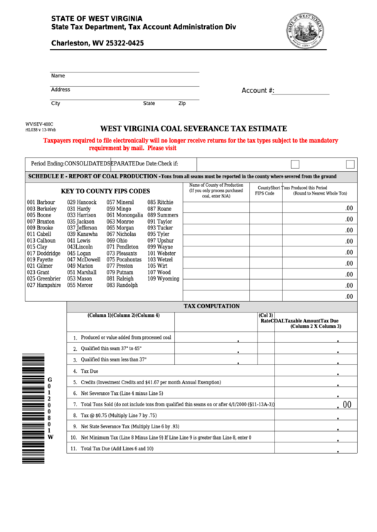 Fillable Form Wv/sev-400c - West Virginia Coal Severance Tax Estimate Printable pdf