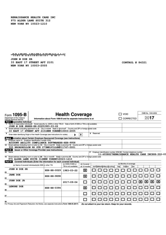 Form 1095-B - Health Coverage Printable pdf