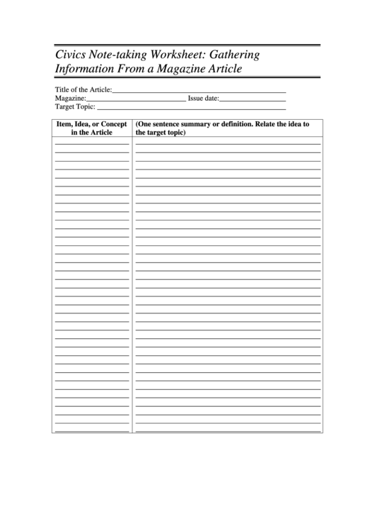 Civics Note-Taking Worksheet - Gathering Information From A Magazine Article Printable pdf