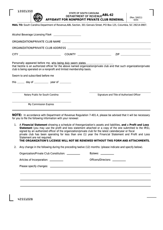 Form Abl-62 - Affidavit For Nonprofit Private Club Renewal Printable pdf