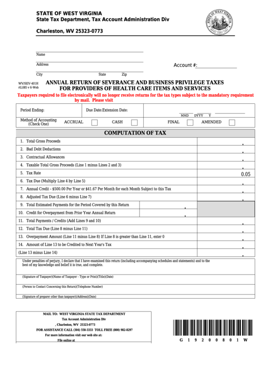 Fillable Form Wv/sev-401h - Annual Return Of Severance And Business Privilege Taxes For Providers Of Health Care Items And Services Printable pdf