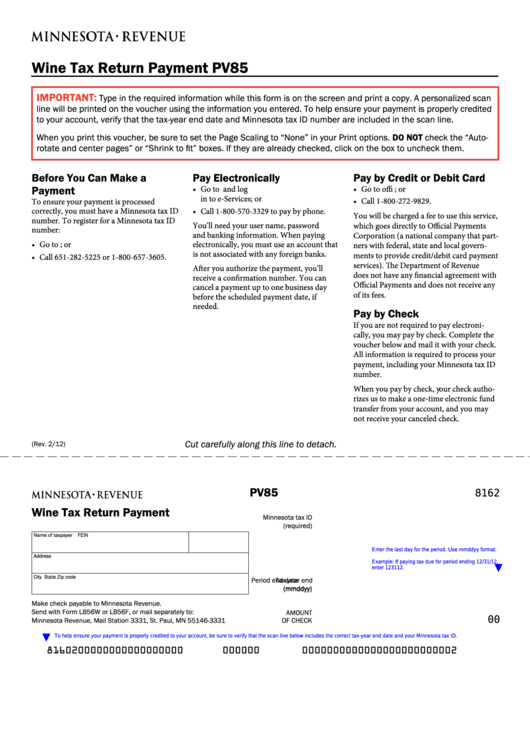 Fillable Form Pv85 - Wine Tax Return Payment Printable pdf