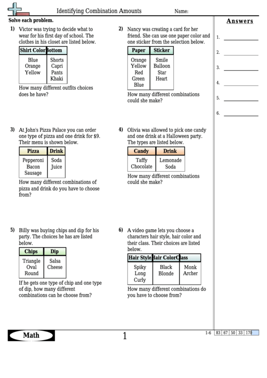 Identifying Combination Amounts Worksheet With Answers Printable pdf