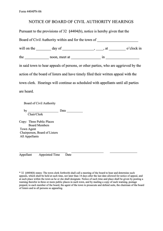 Form 4404pn - Notice Of Board Of Civil Authority Hearings Printable pdf