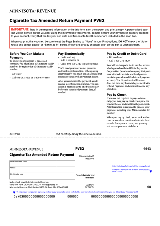 Fillable Form Pv62 - Cigarette Tax Amended Return Payment Printable pdf