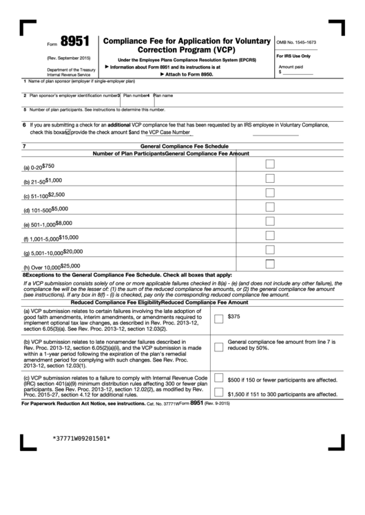 Fillable Form 8951 - Compliance Fee For Application For Voluntary Correction Program (Vcp) Printable pdf