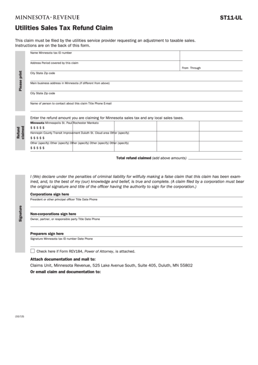 Fillable Form St11 -Ul - Utilities Sales Tax Refund Claim Printable pdf