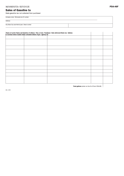 Fillable Form Pda-46f - Sales Of Gasoline To U.s. Government From Terminals And Refineries Printable pdf