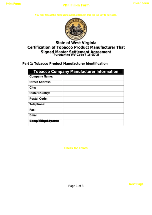 Fillable State Of West Virginia Certification Of Tobacco Product Manufacturer That Signed Master Settlement Agreement Printable pdf